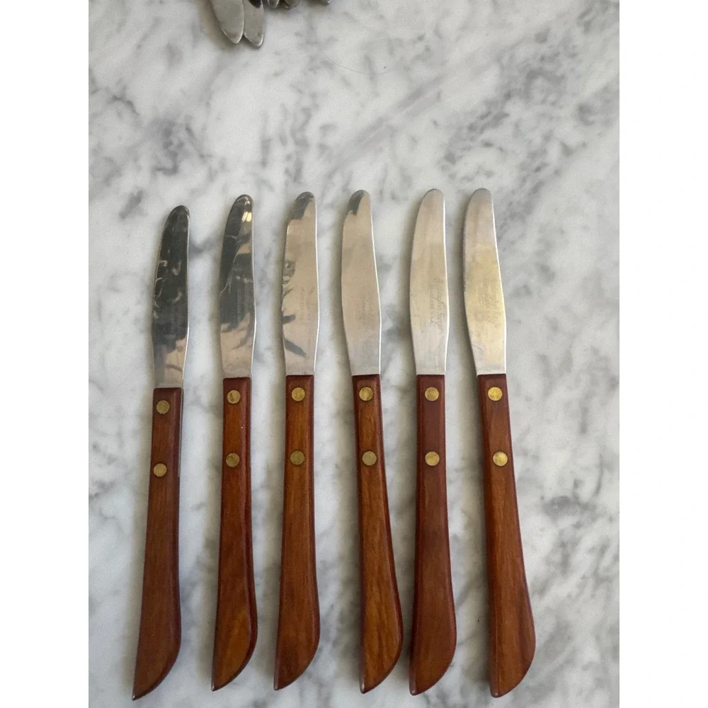 Washington Forge 6 Piece Steak Knife Set Stainless USA Wood Handle Brass Rivets